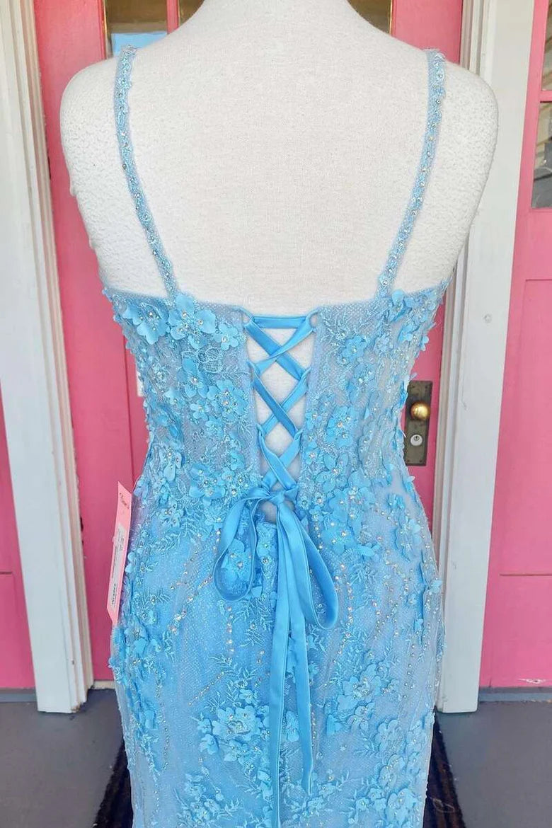 Vestido de fiesta con escote en V profundo, encaje floral 3D, espalda con cordones y abertura